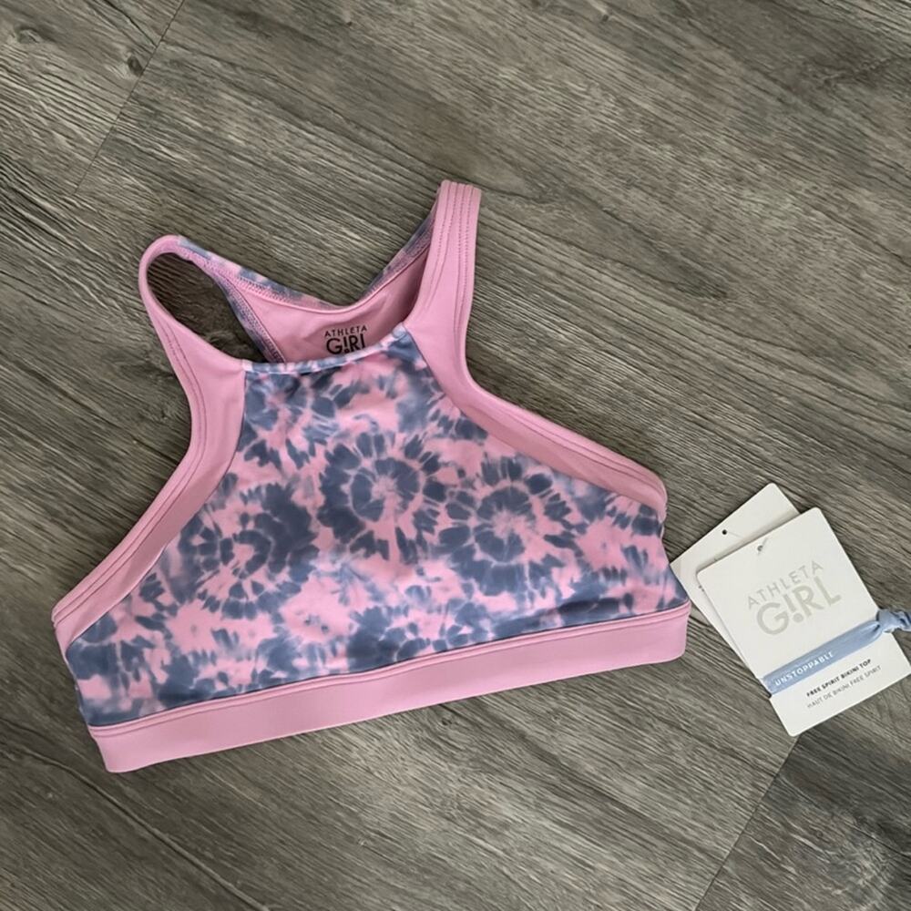 NWT Athleta Girl Free Spirit Bikini Top Pink / Blue Tie Dye Size Large / 12
